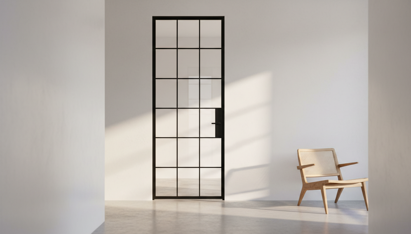 Moderne schwarze Stahl-Glas Lofttür in einem hochwertigen Wohnraum